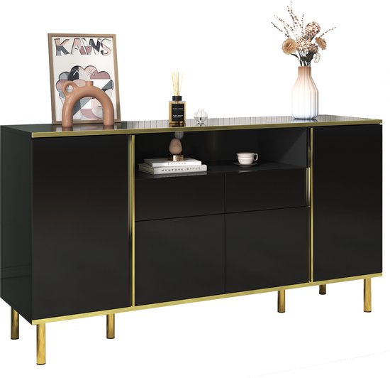 Buffet de Luxe Merax - Armoire moderne brillante avec tiroirs - Zwart et or