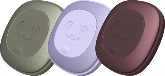 Drie ronde trackers in het lichtpaars, mosgroen en bordeauxrood met krab-reliëf.