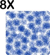 BWK Flexibele Placemat - Blauw met Wit Bloemen Patroon - Set van 8 Placemats - 50x50 cm - PVC Doek - Afneembaar