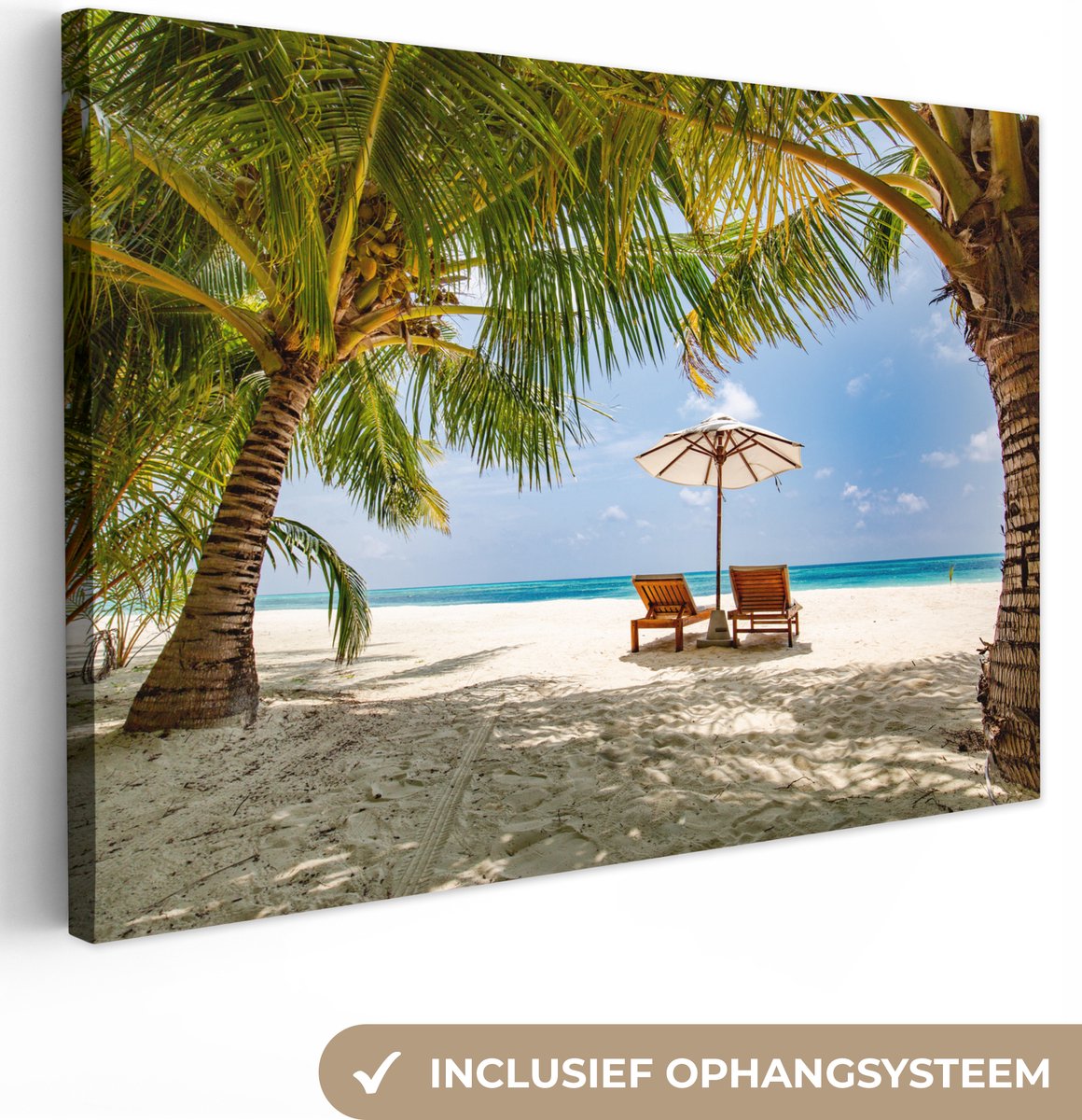 Canvas schilderij 90x60 cm - Wanddecoratie Strandstoel - Parasol - Palmboom - Muurdecorati