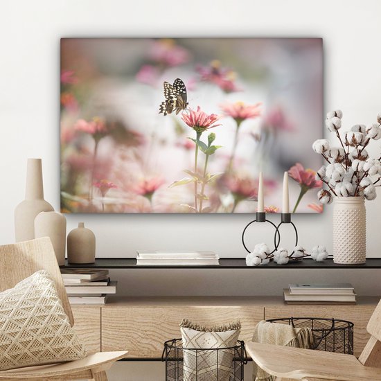 Peintures sur Toile - Papillon - Bloem - Rose - 90x60 cm - Décoration murale
