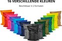 Collectie van 16 verschillende kleuren zitzakken in oranje, rood, roze, paars, blauw, cyaan, donkerblauw, grijs, zwart, donkergroen, groen, lime en geel.