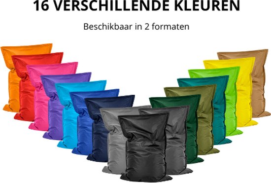 Collectie van 16 verschillende kleuren zitzakken in oranje, rood, roze, paars, blauw, cyaan, donkerblauw, grijs, zwart, donkergroen, groen, lime en geel.
