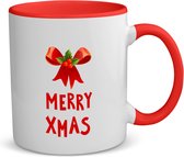Akyol - kerst mok merry xmas strik en hulst koffiemok - theemok - rood - Kerstmis - kerst beker - winter mok - kerst mokken - christmas mug - kerst cadeau - 350 ML inhoud