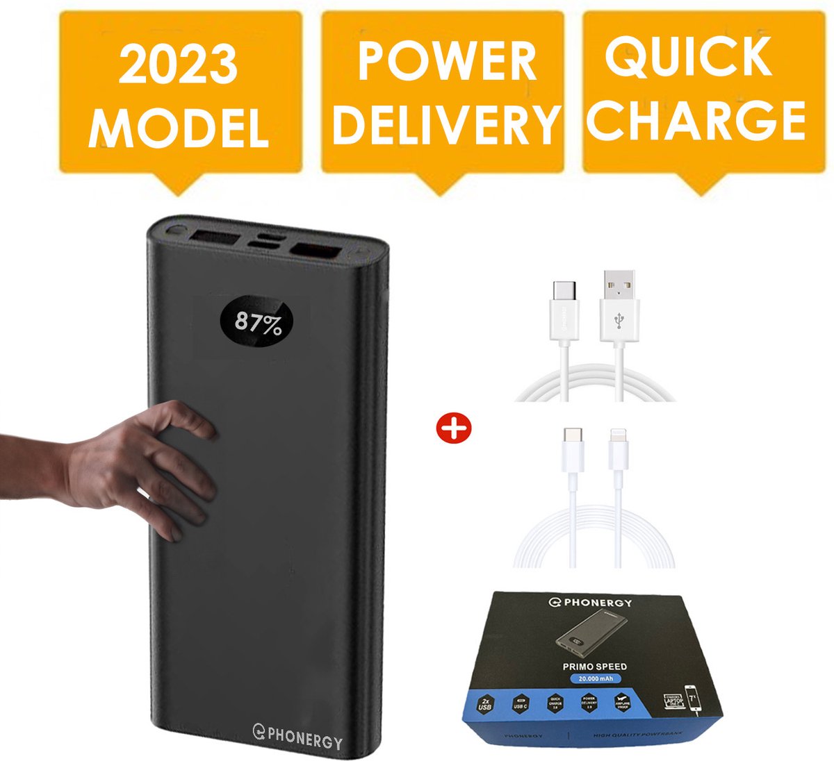 Phonergy Primo Speed - Powerbank - Powerbank 20000 mAh - USB/Micro-USB/USB-C - 4 poorten - Quick charge - Power delivery - Powerbank iPhone - Powerbank Samsung - Zwart