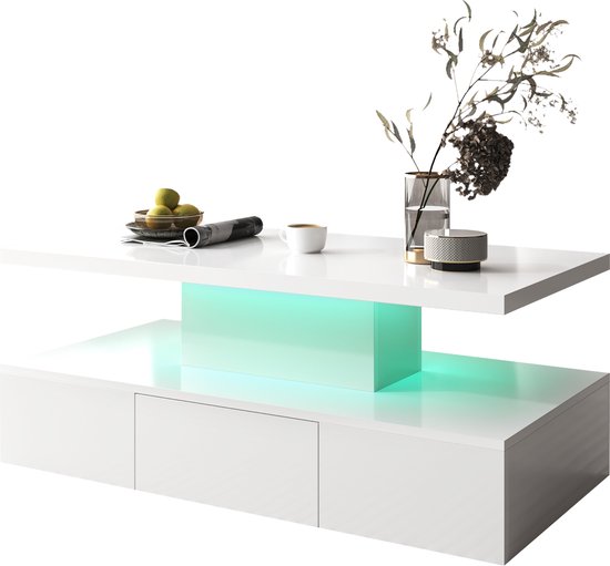 Merax Table Basse Haute Brillance - Table de Salon avec Siècle des Lumières LED - Wit