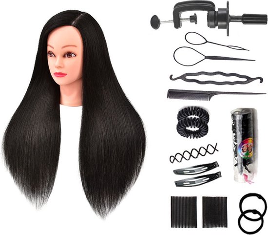 Loha-party®60% Echt Haar Oefenhoofd, Kappershoofd ，Traininghoofd，26-28Inch Oefenpop met Steun Training Hoofd Met Klem Stand & Gifts-Incl. Styling Accessories-Zwart