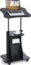 Mobiel staand bureau, in hoogte verstelbare sprekerstandaard met kantelbaar tafelblad en kast, schrijfbureau om te staan of te zitten, statafel op wielen voor thuiskantoor, zwart
