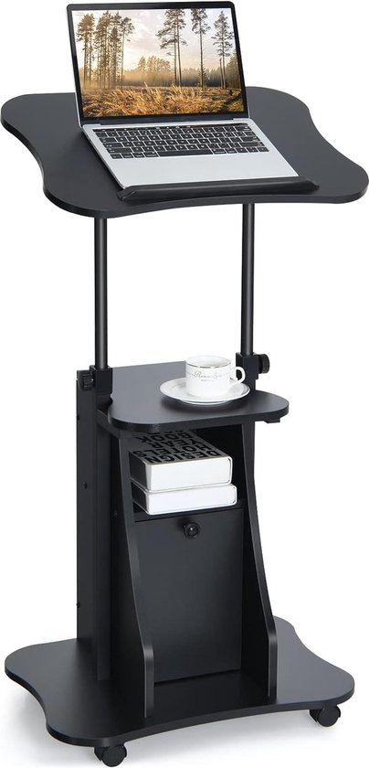 Mobiel staand bureau, in hoogte verstelbare sprekerstandaard met kantelbaar tafelblad en kast, schrijfbureau om te staan of te zitten, statafel op wielen voor thuiskantoor, zwart