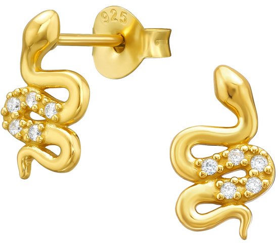 Joy|S - Zilveren slang oorbellen - 6 x 10 mm - zirkonia - oorknoppen - 14k goudplating