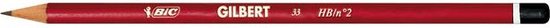 Een rode Gilbert HB potlood met zwarte punt en 'GILBERT 33 HB/n°2'.