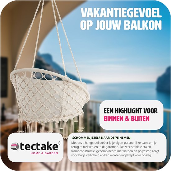 tectake® - hangstoel met kussen, geschikt voor slaapkamer decoratie binnenshuis, als schommelstoel of buitengebruik als tuinmeubel, balkonmeubel en rotanstoel, ondersteunt 150 kg - beige