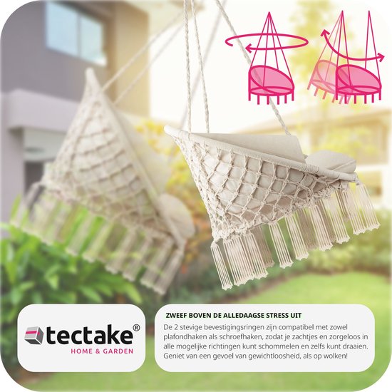 tectake® - hangstoel met kussen, geschikt voor slaapkamer decoratie binnenshuis, als schommelstoel of buitengebruik als tuinmeubel, balkonmeubel en rotanstoel, ondersteunt 150 kg - beige