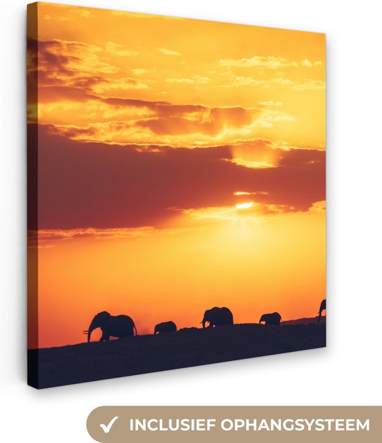 Canvas Schilderij Olifanten - Horizon - Zonsondergang - Dieren - 20x20 cm - Wanddecoratie