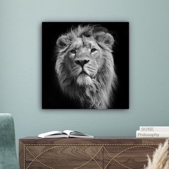Toile Peinture Lion - Portrait - Zwart - Wit - 50x50 cm - Décoration murale