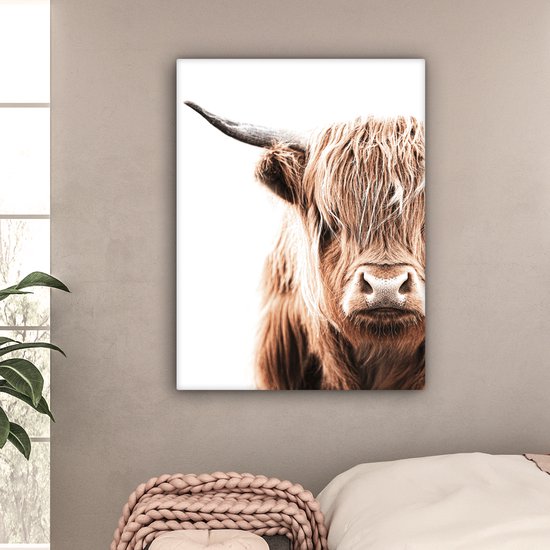 Canvas Schilderij Schotse hooglander - Koe - Wit - 90x120 cm - Wanddecoratie