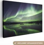 Canvas Schilderij Noorderlicht - Meer - IJsland - Groen - Bos - Sneeuw - 90x60 cm - Wanddecoratie