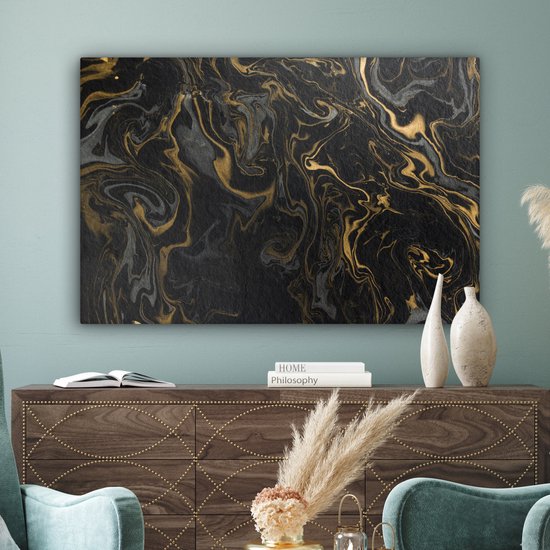 Canvas Schilderij Marmer - Textuur - Grijs - Goud - Marmerlook - Luxe - 120x80 cm - Wanddecoratie