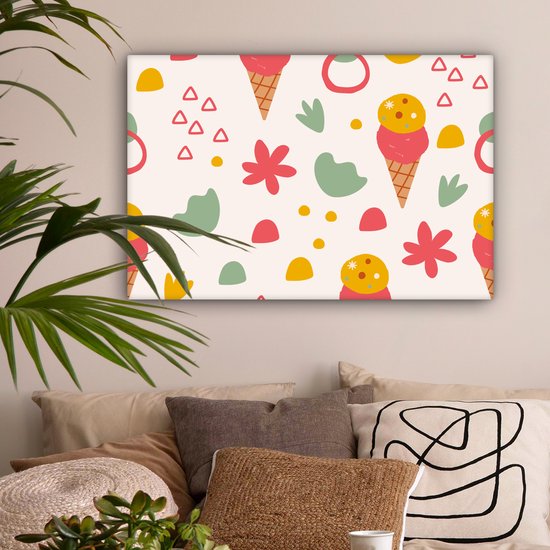 Canvas Schilderij IJs - Driehoek - Bloemen - Patroon - 60x40 cm - Wanddecoratie