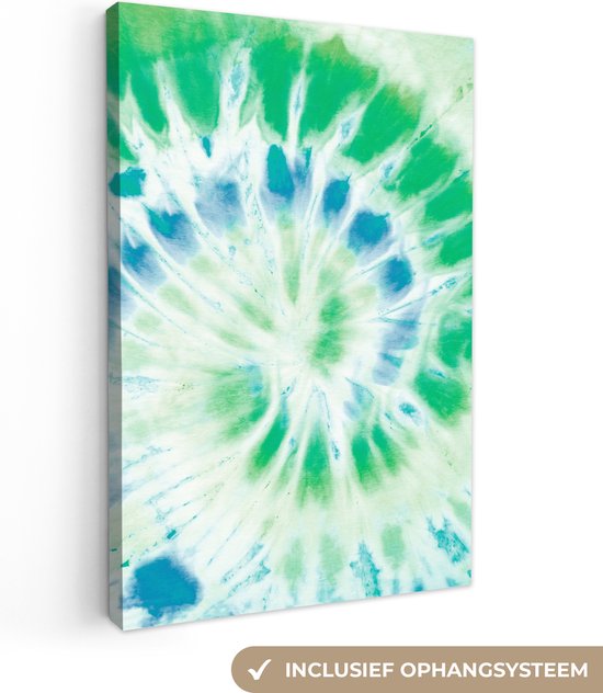 Canvas Schilderij Tie dye - Spiraal - Groen - Blauw - 40x60 cm - Wanddecoratie