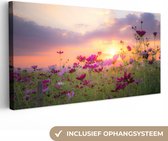 Canvas Schilderij Zonsondergang - Bloemen - Roze - Natuur - Groen - 80x40 cm - Wanddecoratie