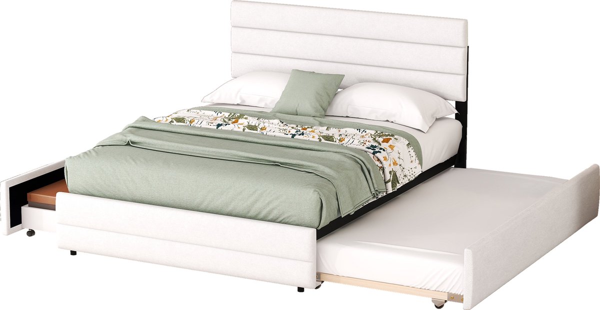 Merax Tweepersoonsbed 140 x 200 - Bedframe met 2 Lades en extra Uitschuifbaar Bed 90 x 190 - Wit