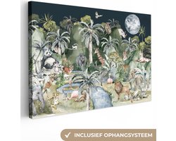 Canvas kinderen - Muurdecoratie kinderkamer - Jungle - Dieren - Rivier - Bomen - Bergen - Canvas schilderij - Kinder decoratie - 120x80 cm