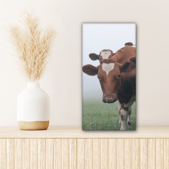 Tableau Peinture Vaches - Marron - Brouillard - 20x40 cm - Décoration murale