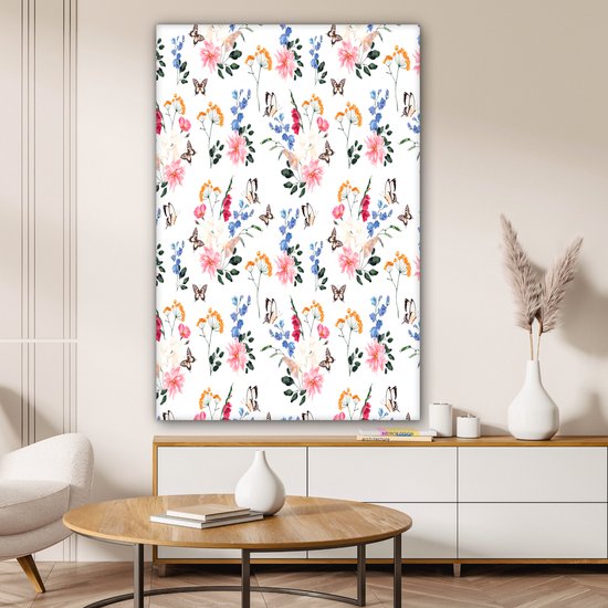 Tableau sur toile Fleurs - Papillons - Collage - 80x120 cm - Décoration murale