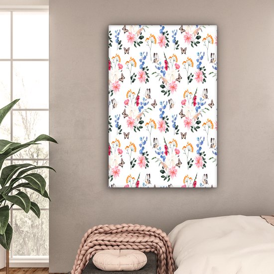 Tableau sur toile Fleurs - Papillons - Collage - 80x120 cm - Décoration murale