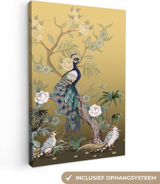 Canvas schilderij - Pauw - Bloemen - Goud - Pauwenveren - Luxe - Canvasdoek - 20x30 cm - Foto op canvas