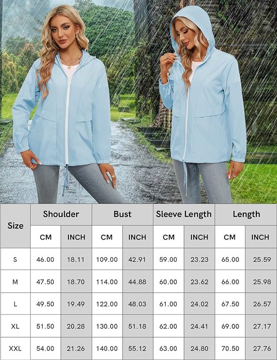 Regenjas voor dames, 33,000 ft (10058 m), waterdicht, outdoorjas, ademend, herfst, overgangsjas, lichte jas met capuchon, windbreaker voor wandelen, reizen, trekking, fietsen, blauw, 38