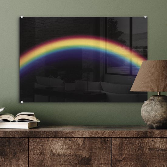 ® Glasschilderij 60x40 cm - Schilderij acrylglas - Een regenboog tegen een zwarte achtergrond - Foto op glas - Muurdecoratie woonkamer - Wanddecoratie slaapkamer - Schilderijen