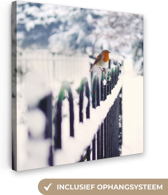 Canvas Schilderij Roodborstje - Winter - Sneeuw - 20x20 cm - Wanddecoratie
