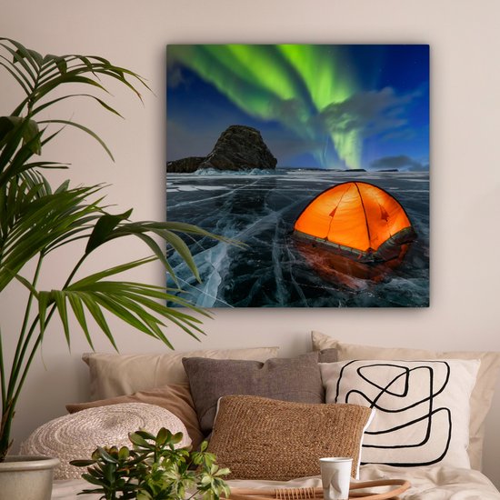 Tableau sur toile Aurores Boréales - Tente - Glace - Scandinavie - 90x90 cm - Décoration murale