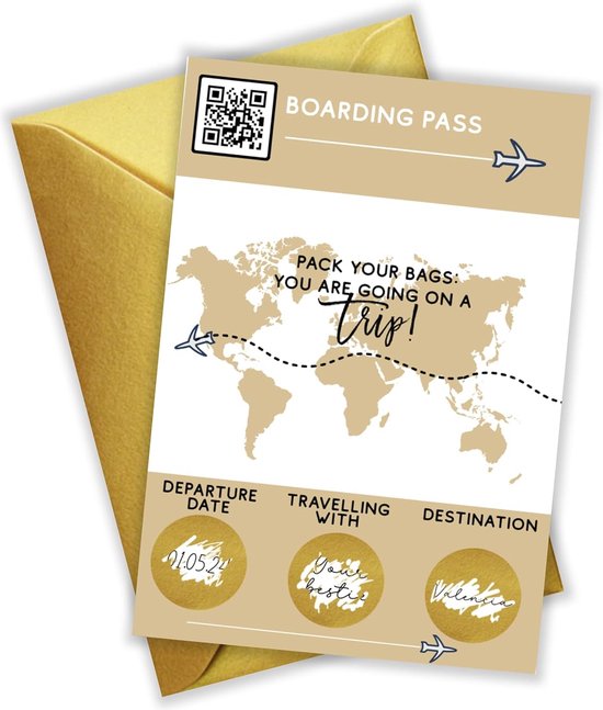 Foto: Kraskaart vakantie eigen tekst verassing trip vakantie weekend boarding pass vliegticket kras kaart inclusief gouden envelop