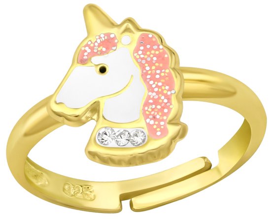Joy|S - Zilveren eenhoorn ring - unicorn - kristal - verstelbaar - 14k goudplating - voor kinderen