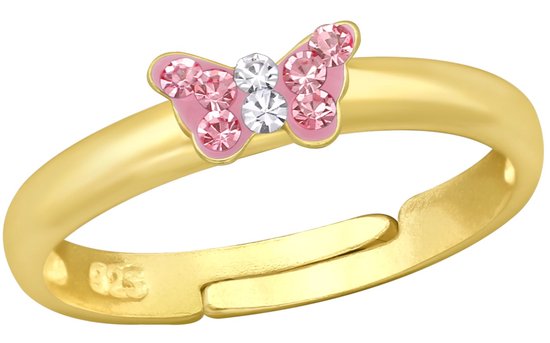 Joy|S - Zilveren vlinder ring - verstelbaar - roze en wit kristal - 14k goudplating - voor kinderen