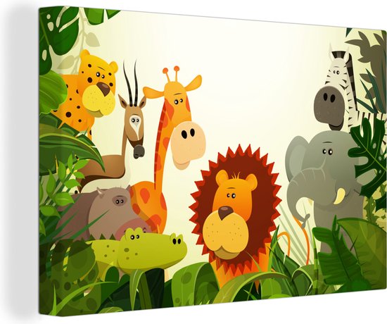 Canvas Schilderij Jungle - Slang - Leeuw - Planten - Jongens - Meisjes - Baby - Kids - 60x40 cm - Wanddecoratie