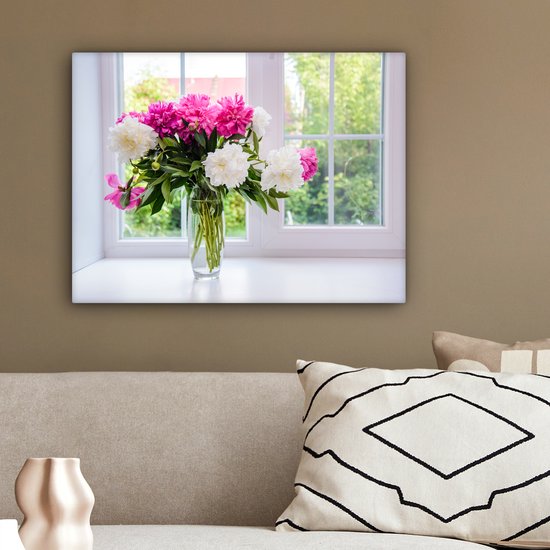 Canvas Schilderij Bloemen - Pioenrozen - Vaas - 40x30 cm - Wanddecoratie