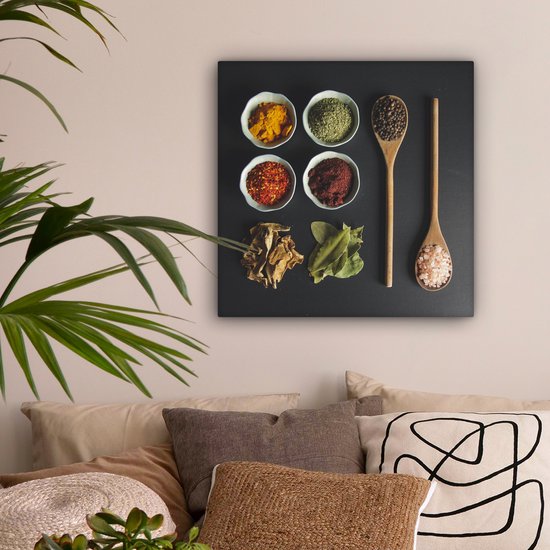 Peinture sur Toile Louche - Épices - Herbes - Vert - Marron - Rustique - 50x50 cm - Décoration murale