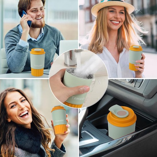 Koffiemok to go thermo 360 ml, thermobeker koffie to go, koffiebeker van roestvrij staal dubbelwandig geïsoleerd, lekvrij, coffee-to-go beker warm voor koffie en thee (geel) — afbeelding 2