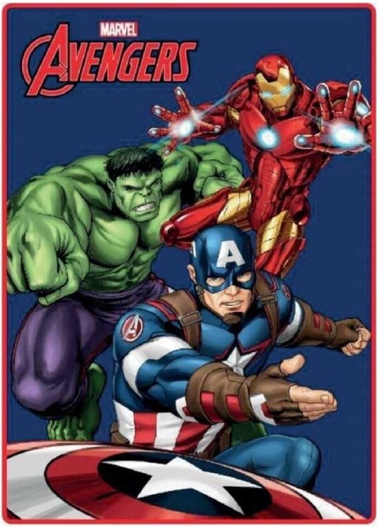 Marvel Avengers fleece deken met de Hulk, Iron Man en Captain America op een blauwe achtergrond.