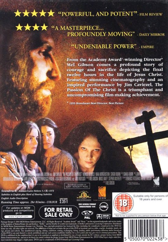 DVD cover van The Passion of the Christ, met gezichten van Maria, Veronica en Maria Magdalena, en op de achtergrond een portret van Jezus.