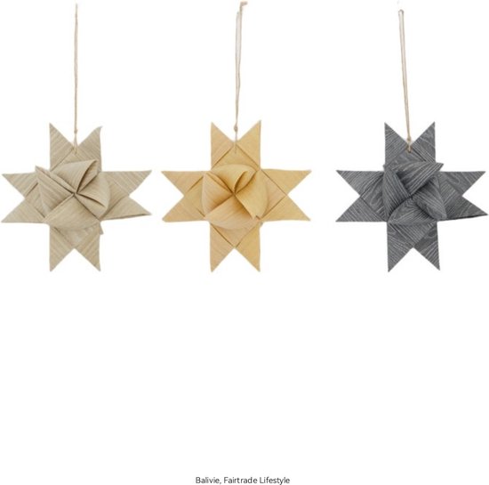 Balivie - Kersthanger - Kerstdecoratie - Hanger ster papier - 22.5x22.5x11cm - C/3 Mixed(naturel/beige/grijs)