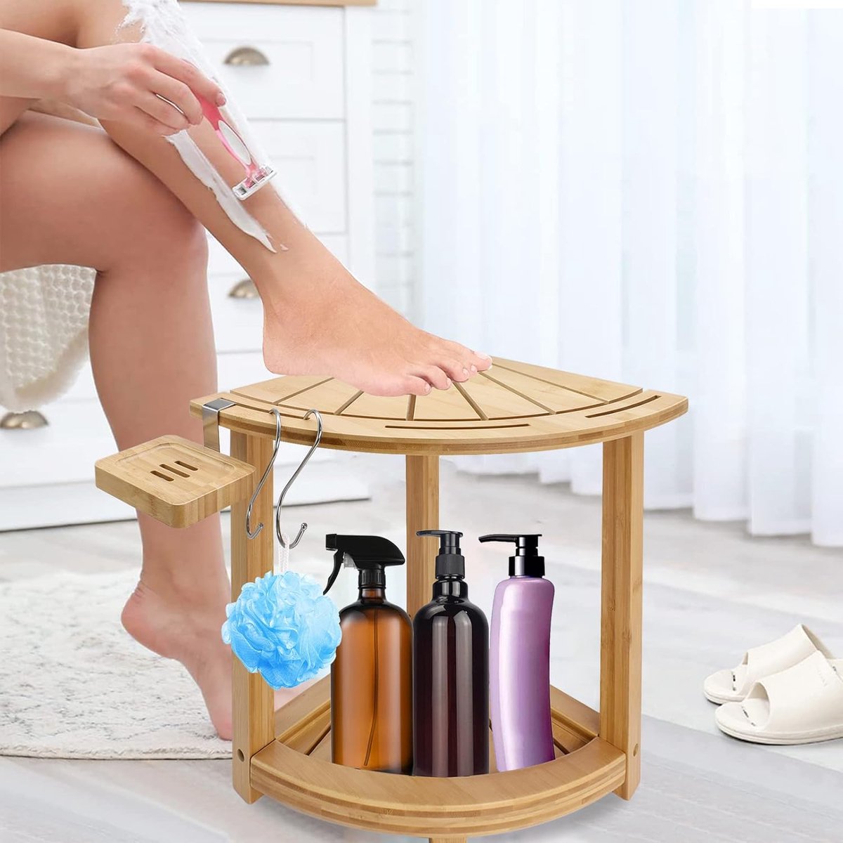 Bamboe douchekruk, badkruk met plank, waaiervorm, badkruk, antislip