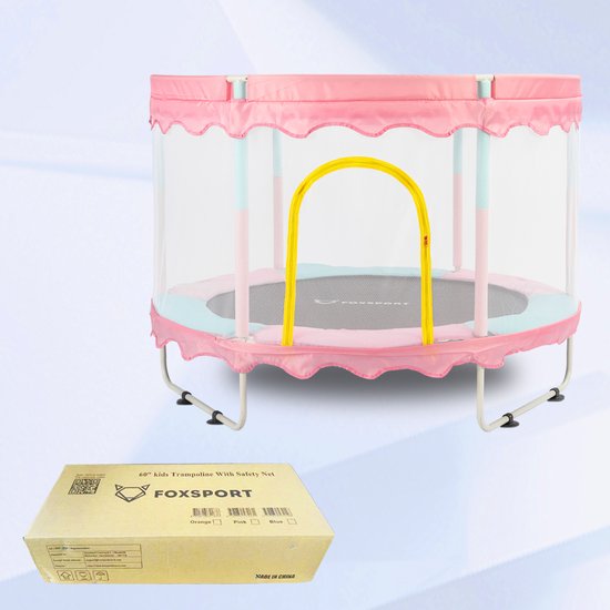 Roze trampoline met veiligheidsnet en gele instapbeugel, naast een kartonnen doos met het FOXSPORT logo.