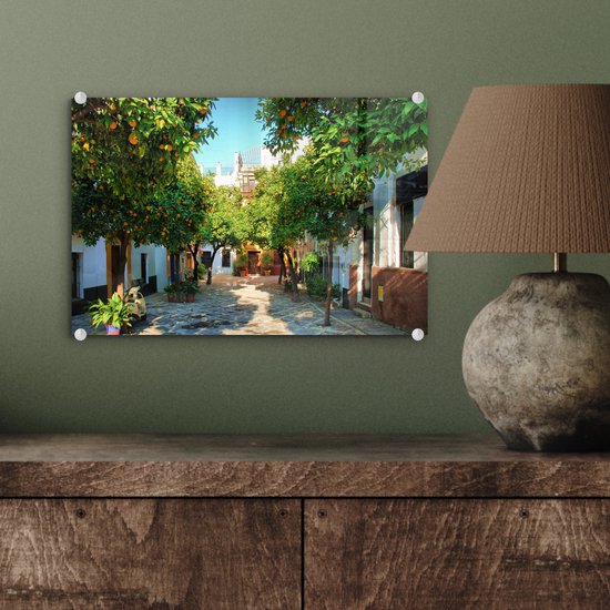 ® Glasschilderij 30x20 cm - Schilderij acrylglas - Sevilla - Boom - Wit - Foto op glas - Muurdecoratie woonkamer - Wanddecoratie slaapkamer - Schilderijen