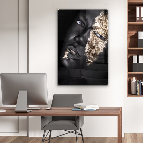 MuchoWow® Peinture sur verre 80x120 cm - Peinture sur verre acrylique - Femme - Or - Zwart - Peinture - Luxe - Photo sur verre - Peintures