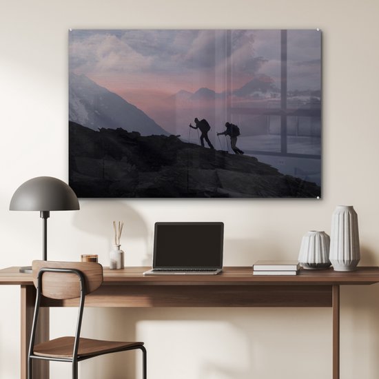 MuchoWow® Peinture sur verre 90x60 cm - Peinture sur verre acrylique - Deux alpinistes escaladent une montagne au lever du soleil - Photo sur verre - Peintures
